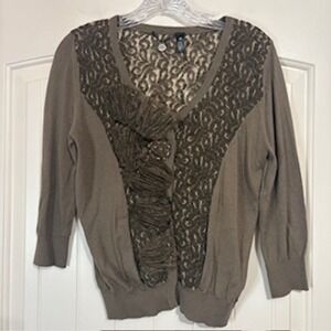 BKE Boutique Lace‎ Cardigan Sweater Women's M Taupe Ruffle Front Sheer Back Twee